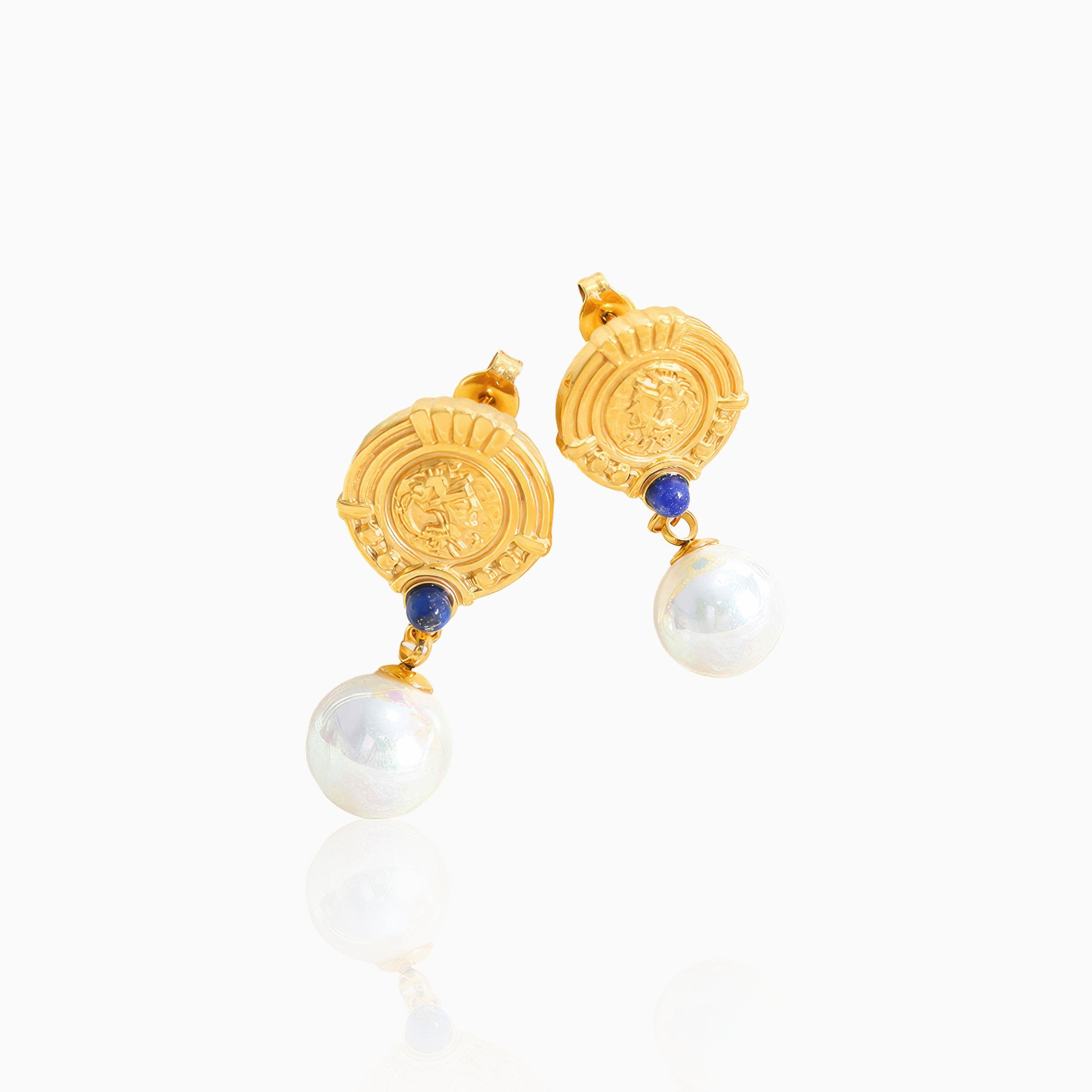 Circle Plaque Earrings with Pearl Accents - Nobbier - Earrings - 18K Gold And Titanium PVD Coated Jewelry