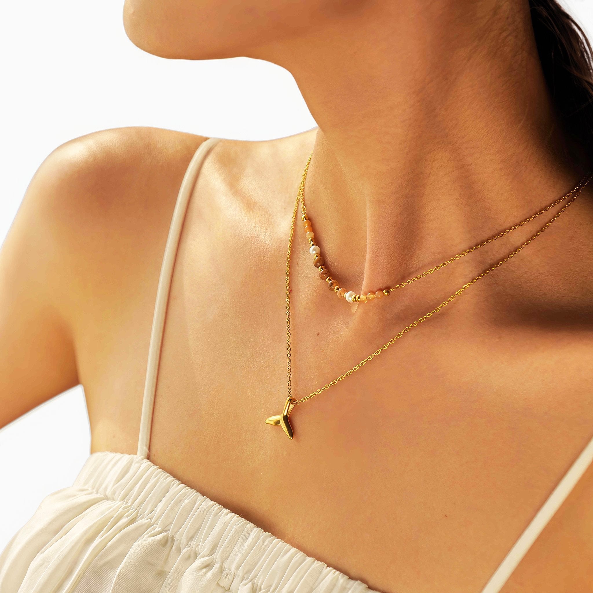 Double Layer Fishtail Pendant Necklace - Nobbier - Necklace - 18K Gold And Titanium PVD Coated Jewelry