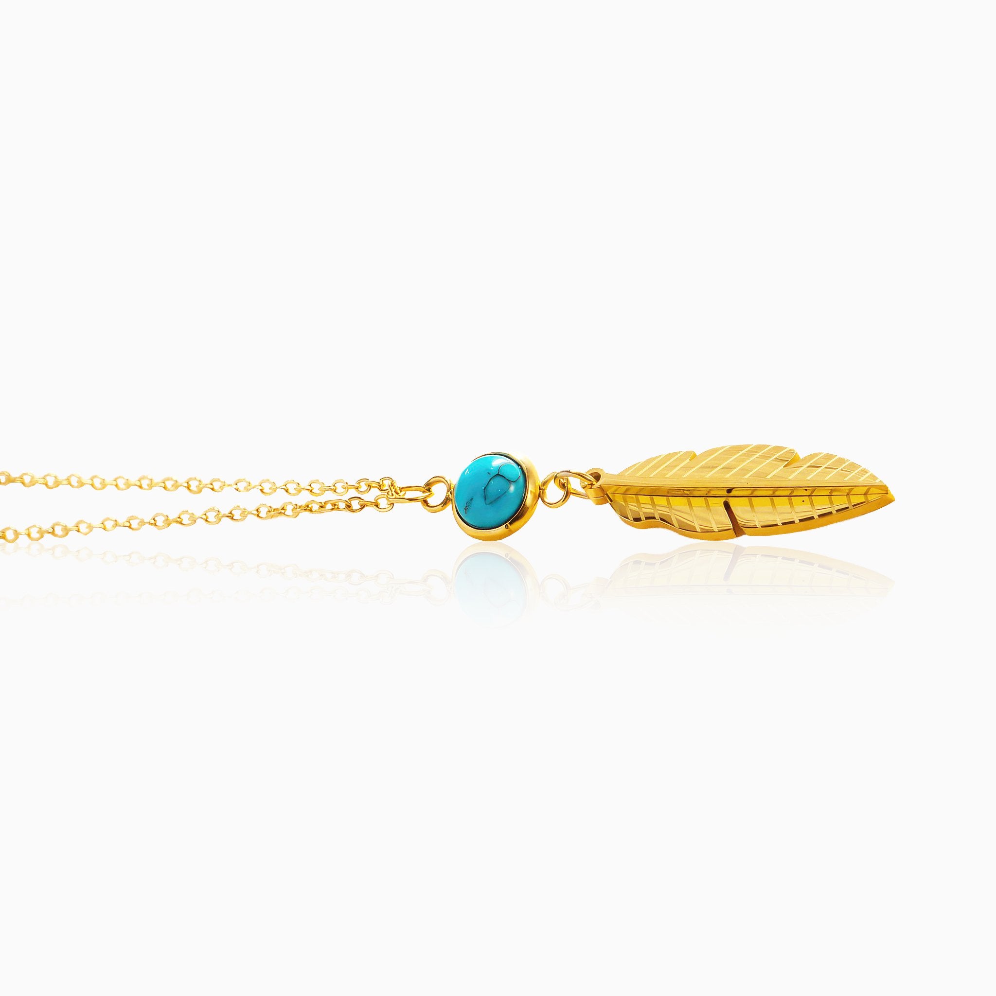 Feather Necklace with Inlaid Turquoise Pendant - Nobbier - Necklace - 18K Gold And Titanium PVD Coated Jewelry