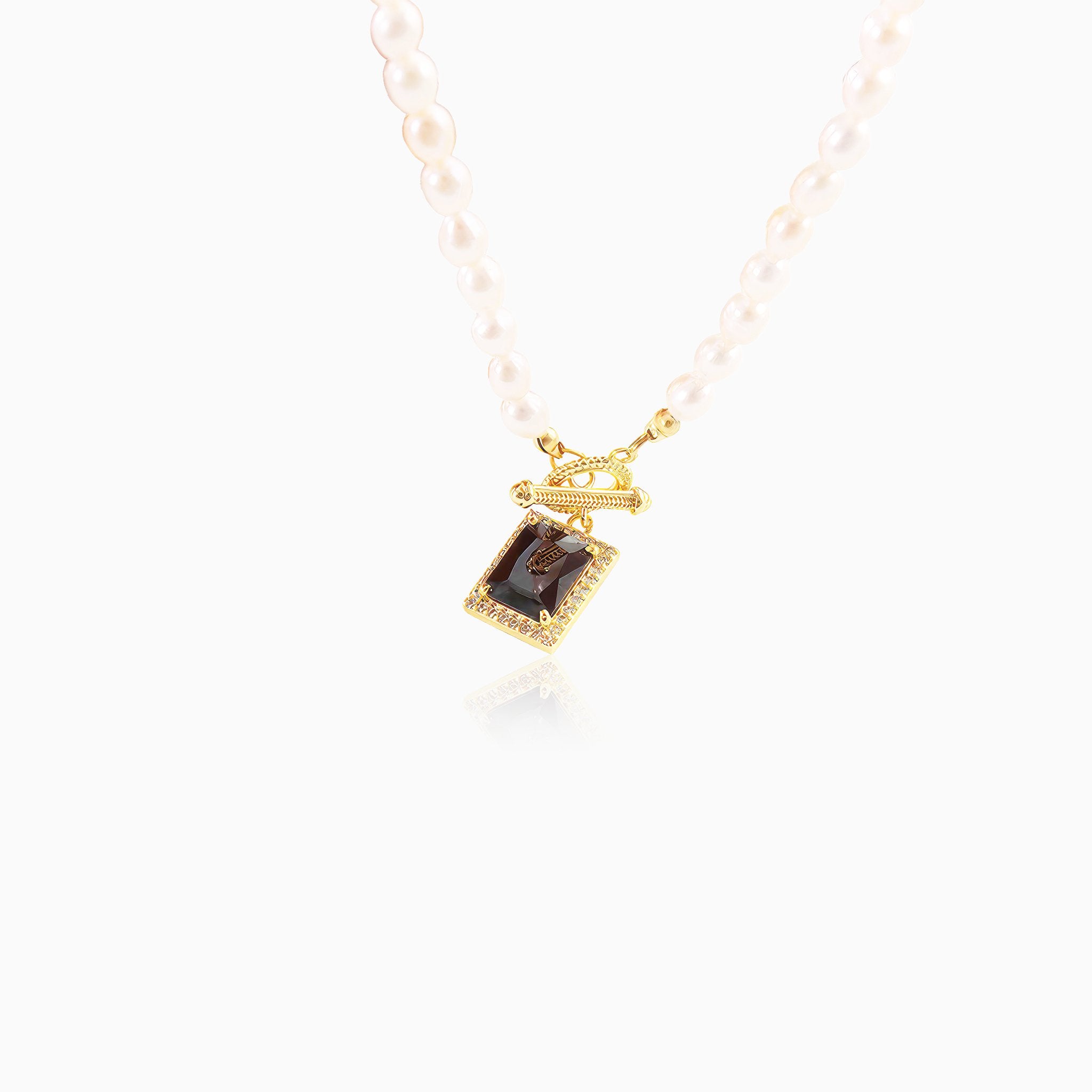Pearl Chain Necklace with Square Gem Pendant - Nobbier - Necklace - 18K Gold And Titanium PVD Coated Jewelry