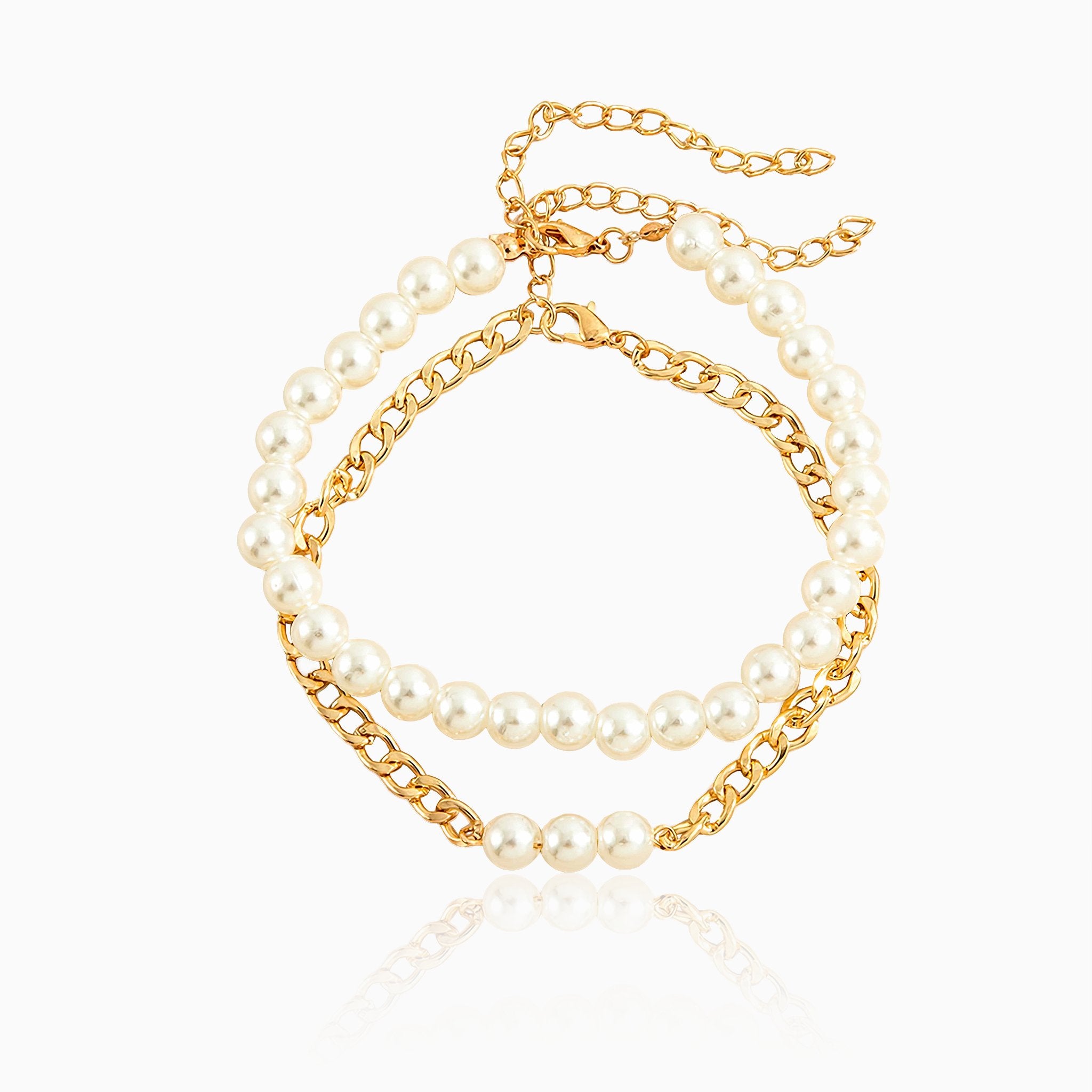 Simple Pearl & Chain Two-Piece Anklet - Nobbier - Anklet - 18K Gold And Titanium PVD Coated Jewelry