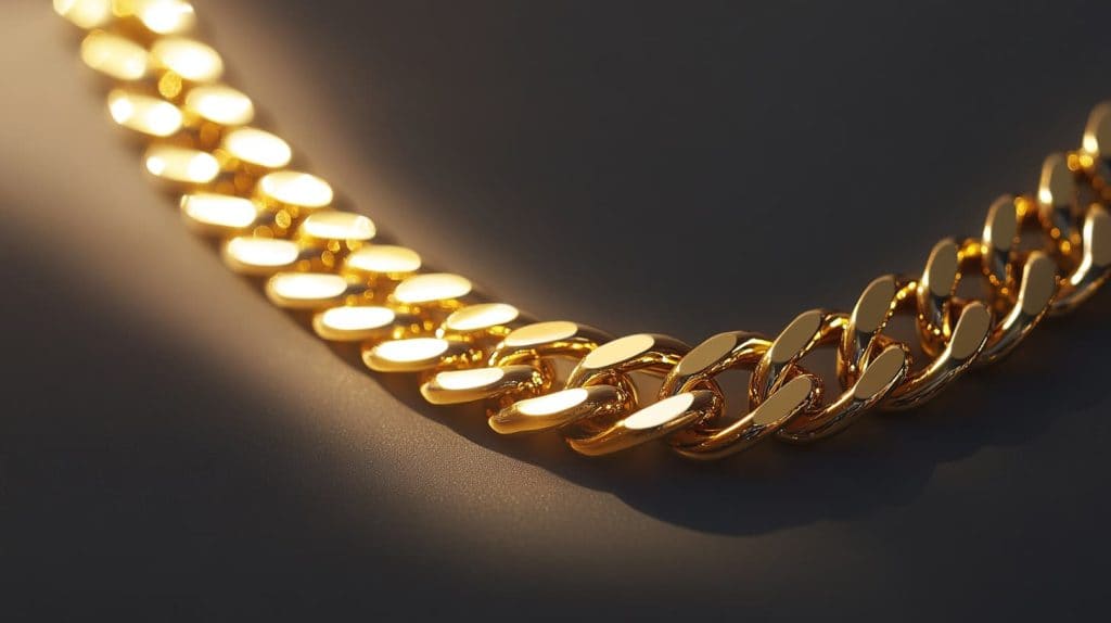 Close-up of a polished gold chain made from 10K gold, highlighting its 41.7% gold content and reflective finish.