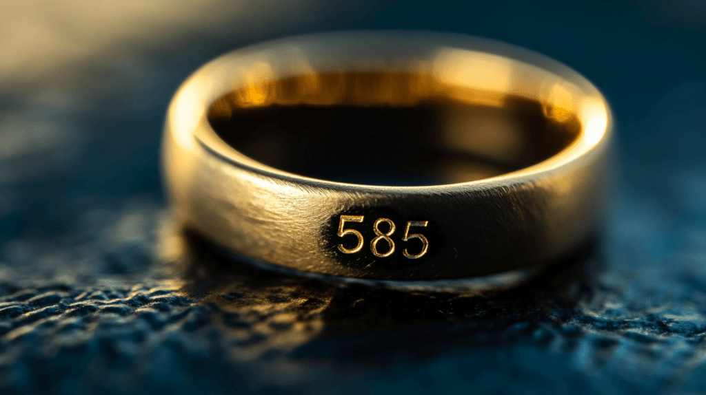 Close-up of a 14K gold ring with a visible "585" stamp, indicating 58.5% gold purity.