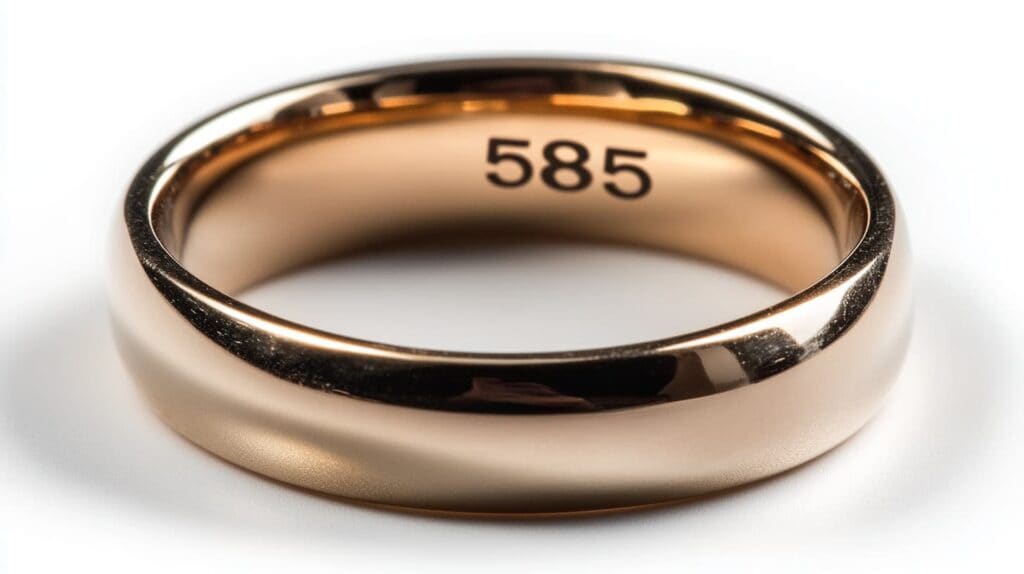 Detailed shot of a 14k gold ring with a prominent '585' stamp, showcasing the gold's authenticity and durability.