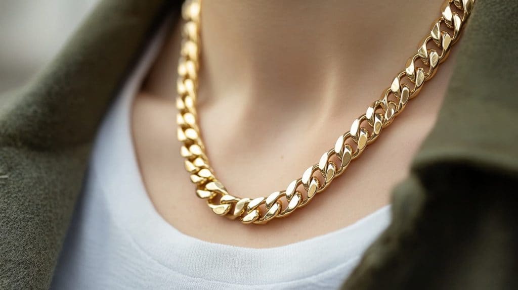 Close-up of a 16K gold chain necklace worn with casual attire, highlighting its rich golden hue and timeless design.