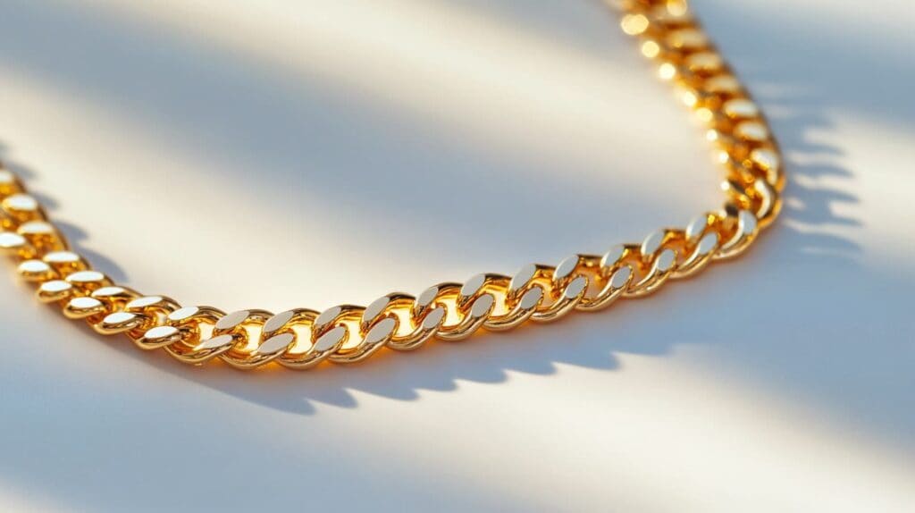 18K gold chain reflecting sunlight on a white surface, showcasing its luster and resistance to tarnishing in hot climates.