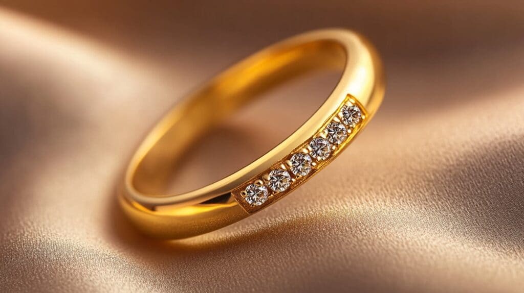 Elegant 18-karat gold ring adorned with small diamonds, displayed on a soft gold-toned fabric background.