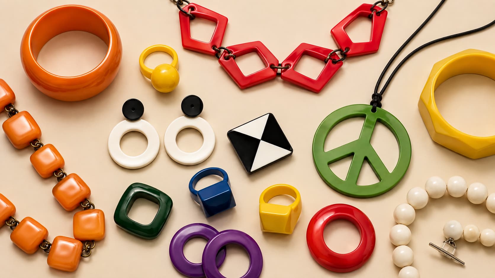 Colorful 1960s bakelite jewelry collection with a green peace sign pendant, bold rings, hoops, and bangles