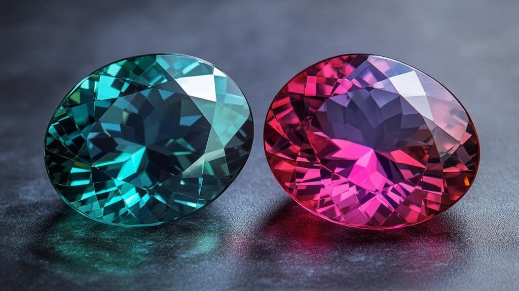 Two alexandrite gemstones, one glowing green under daylight and the other vivid red under incandescent light, illustrating their dramatic color change property.