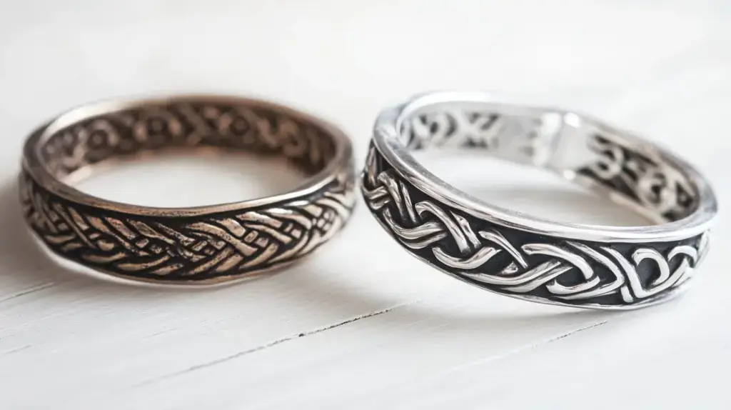 Close-up comparison of cleaned and tarnished silver rings, highlighting the effects of proper jewelry cleaning.