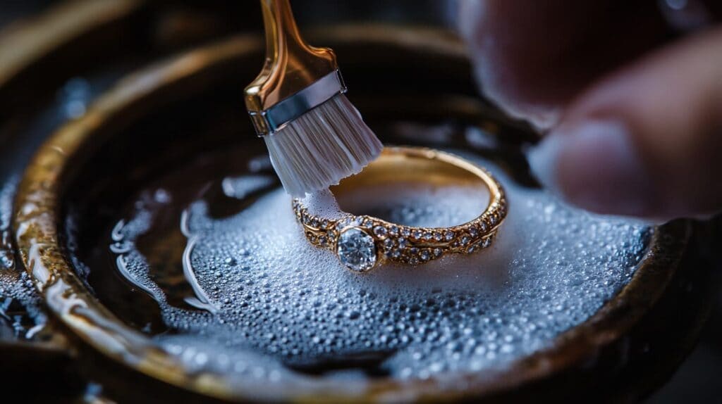 Gold ring with diamonds being gently cleaned with a brush and soapy water to restore shine and remove dirt.