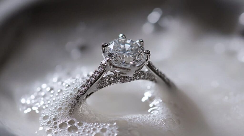 Diamond platinum ring soaking in a soapy water solution, part of a gentle cleaning process for gemstone jewelry.
