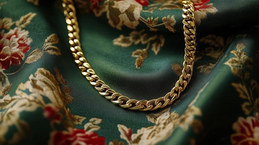 Elegant gold-plated chain necklace displayed on floral fabric, highlighting its luxurious look and affordability for fashion-conscious jewelry lovers.