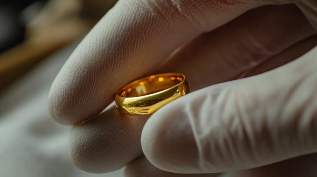 Gold ring being carefully handled with gloves, emphasizing the importance of professional care and cleaning techniques for gold jewelry.