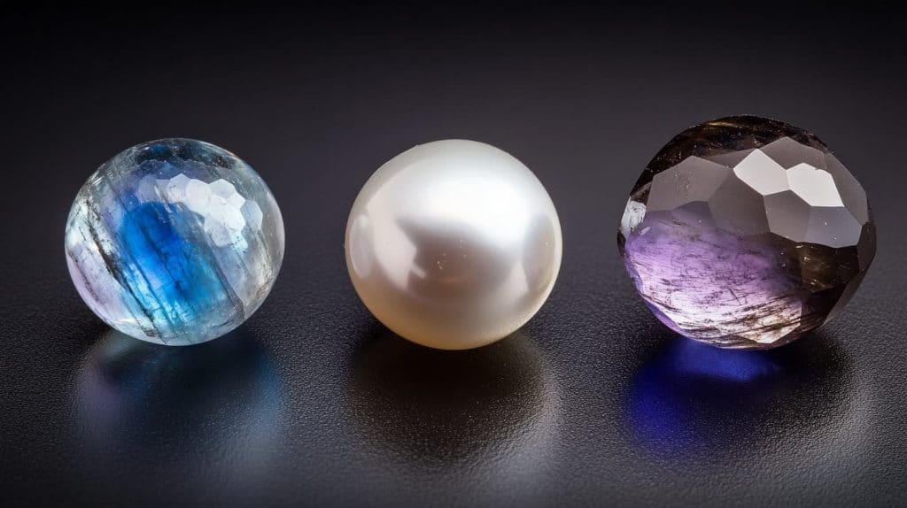 Close-up of June's birthstones on a dark surface: a radiant moonstone with vivid blue hues, a luminous white pearl, and a faceted alexandrite with subtle purple and brown tones.