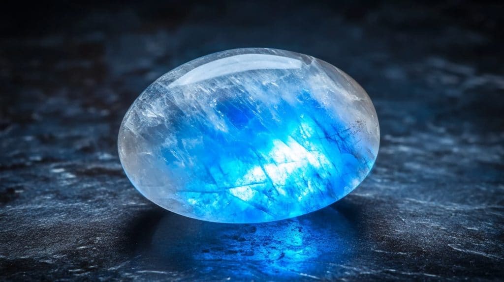 Close-up of a moonstone showcasing its vibrant blue adularescence on a textured dark surface, highlighting its mystical glow as one of June’s birthstones.