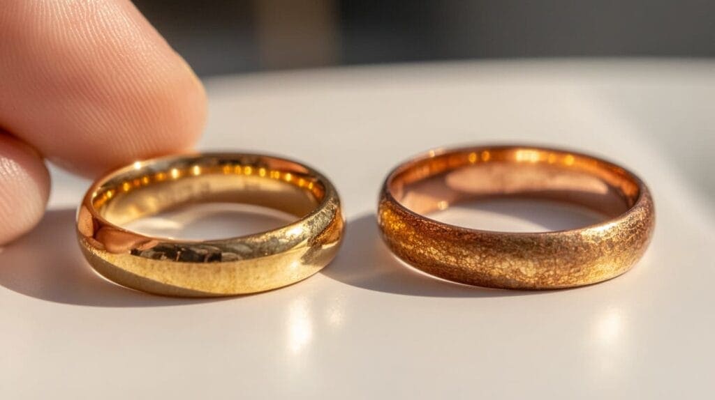 Comparison of a new and worn gold-plated ring, showing how wear can affect the plating over time with regular use.