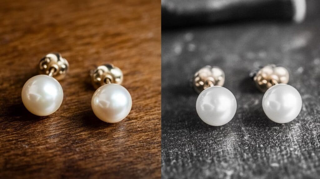 Pair of pearl earrings, showcasing the delicate cleaning process required to maintain their luster and avoid damage.
