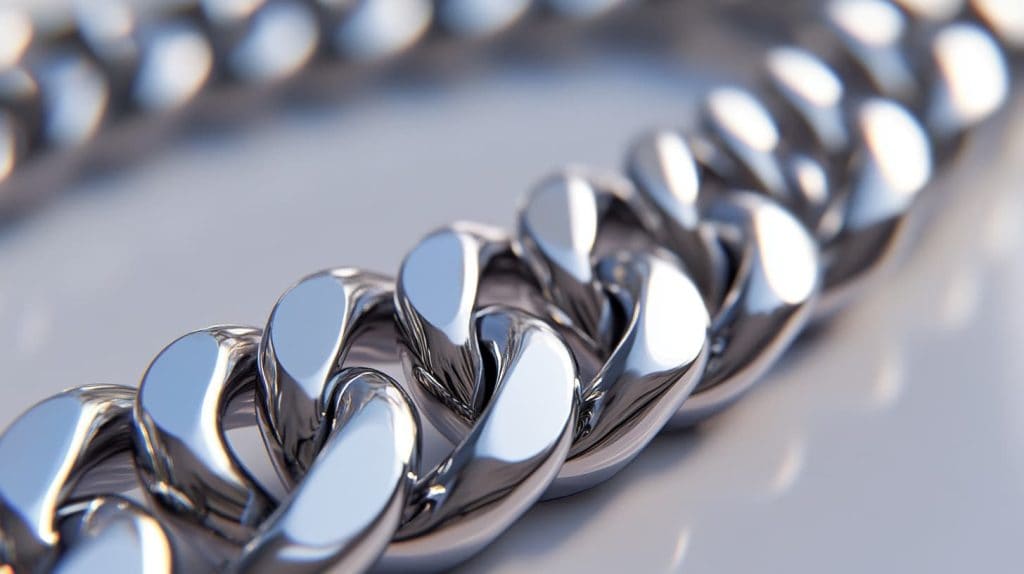 Close-up view of a polished platinum chain showcasing its bright white color and durability, highlighting the metal's smooth and reflective surface.