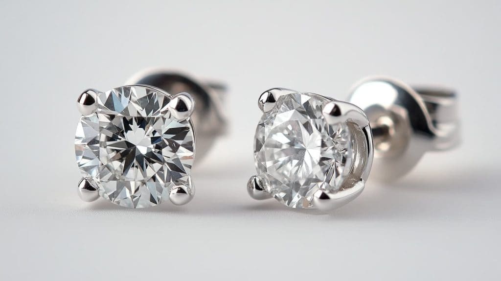 Close-up of platinum stud earrings featuring round-cut diamonds secured in durable prong settings, showcasing platinum's strength and brilliance.