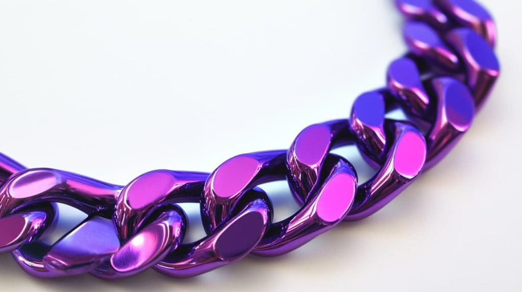 Close-up of a bold purple gold chain featuring a reflective finish, emphasizing the vivid violet tones created through advanced metallurgical techniques.