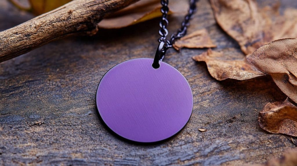 Circular purple gold pendant with a smooth matte finish displayed on a rustic surface with dried leaves, highlighting its unique alloy composition.
