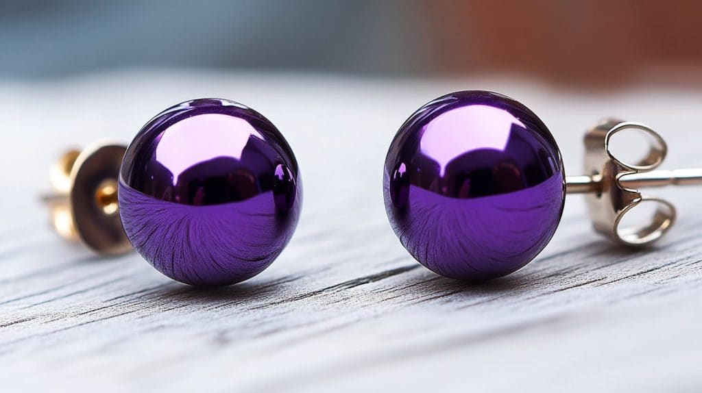 Shiny purple gold stud earrings with a spherical design resting on a wooden surface, highlighting their vibrant and polished intermetallic structure.