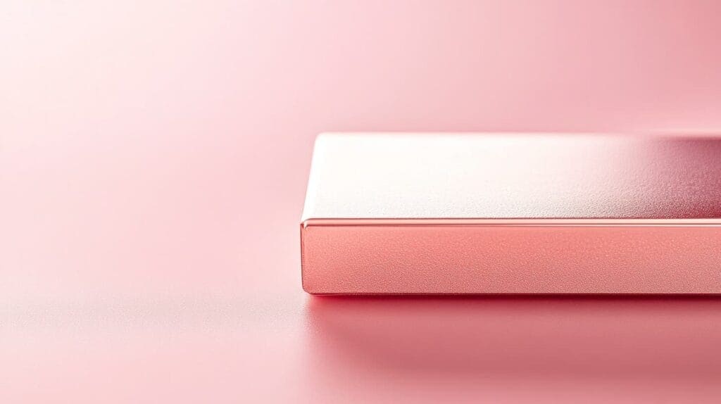 Close-up of a polished rose gold bar, showcasing the metal's signature pinkish hue and smooth metallic finish.