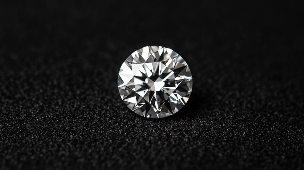 Round brilliant-cut diamond placed on a black textured surface, showcasing its exceptional sparkle and clarity.