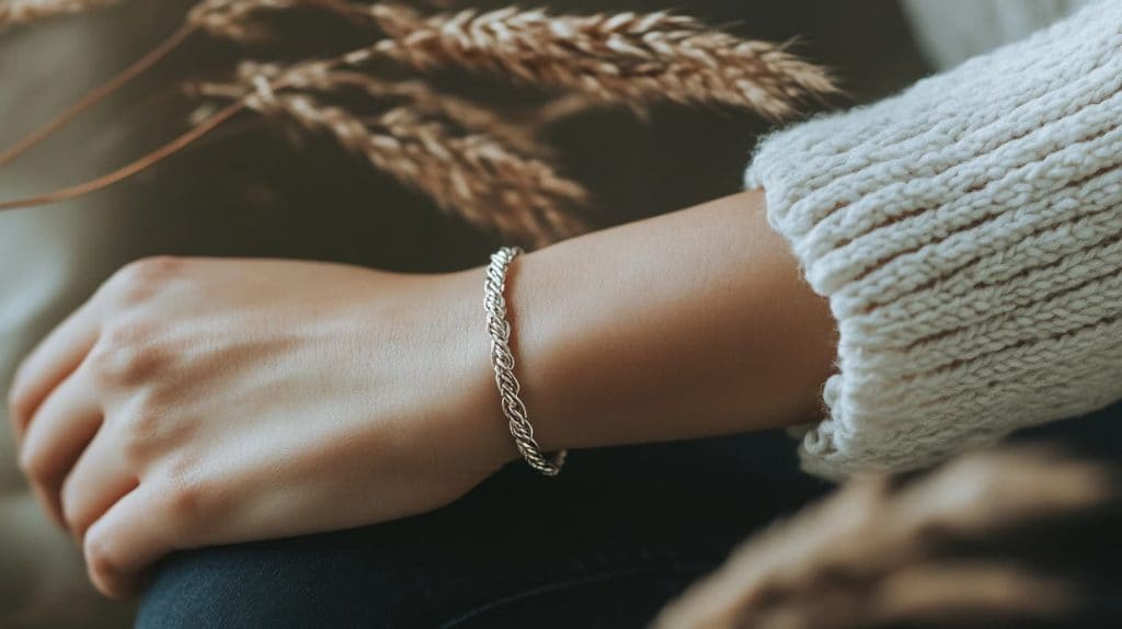 A delicate braided sterling silver bracelet worn on a wrist, paired with a cozy knitted sweater and soft lighting.