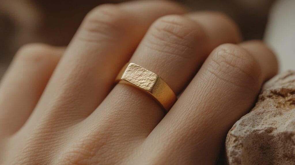 Textured gold-plated ring worn on a finger, displaying a unique design that combines luxury with affordability in modern jewelry.