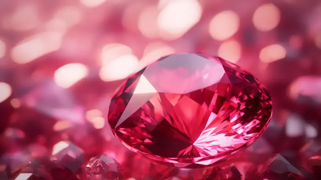 A vibrant ruby gemstone on a glittering red surface, illustrating the rich color and brilliance of the July birthstone, known for its fiery red glow.