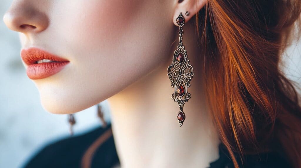 Profile of a woman wearing vintage-style chandelier earrings adorned with red gemstones, highlighting an elegant and ornate jewelry piece.