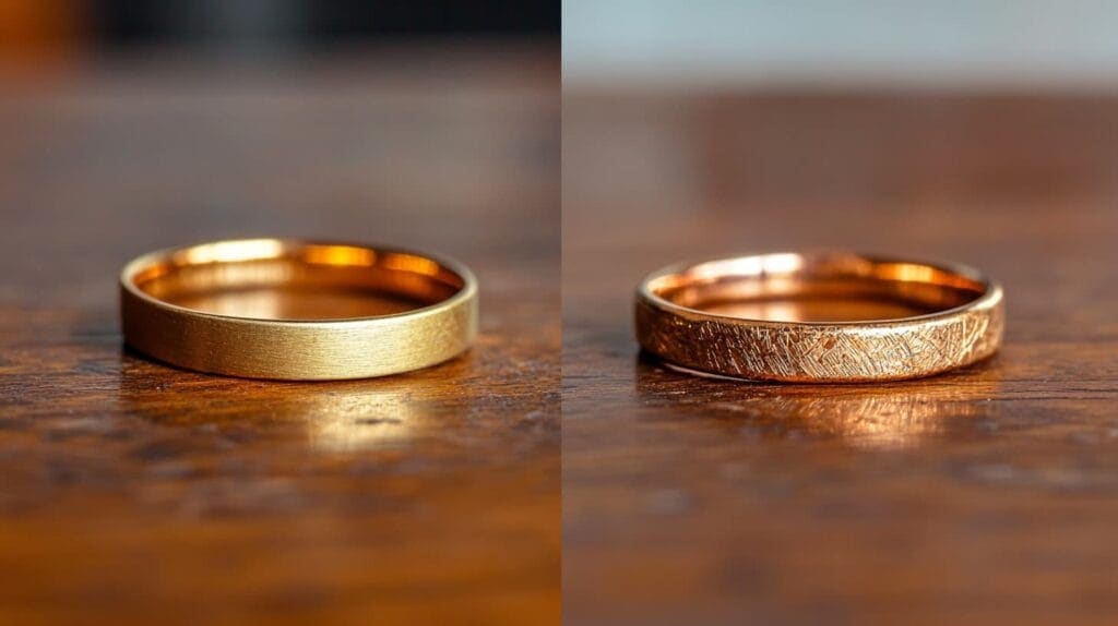 Close-up comparison of gold-plated rings with signs of wear, highlighting areas where the plating has thinned, revealing the base metal underneath.