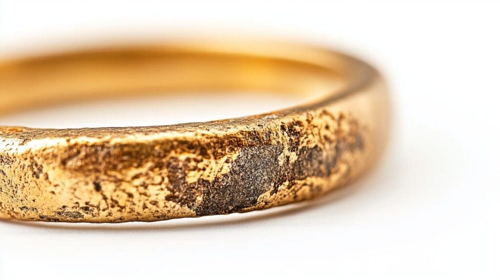 Close-up of a gold ring with significant surface wear and discoloration caused by daily use and exposure to harsh chemicals.