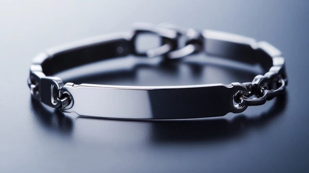 Stainless steel medical ID bracelet with a polished rectangular plate, designed for engraving critical medical information.