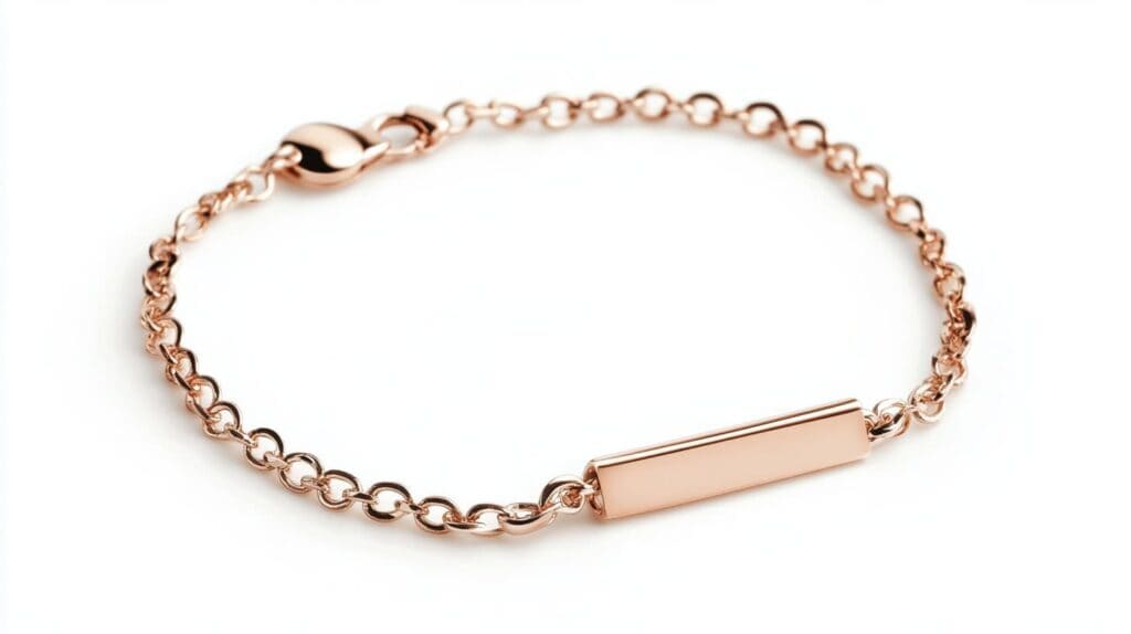 Rose gold bracelet with a sleek nameplate, perfect for engraving names or custom messages for a personalized touch.