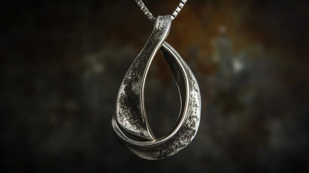 Silver pendant necklace with heavy tarnishing, showing the effects of improper storage and exposure to air and humidity.