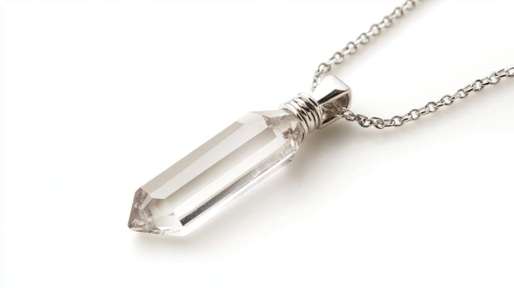 Clear quartz point pendant on a silver chain, featuring the crystal's transparency and minimalist design for modern jewelry.
