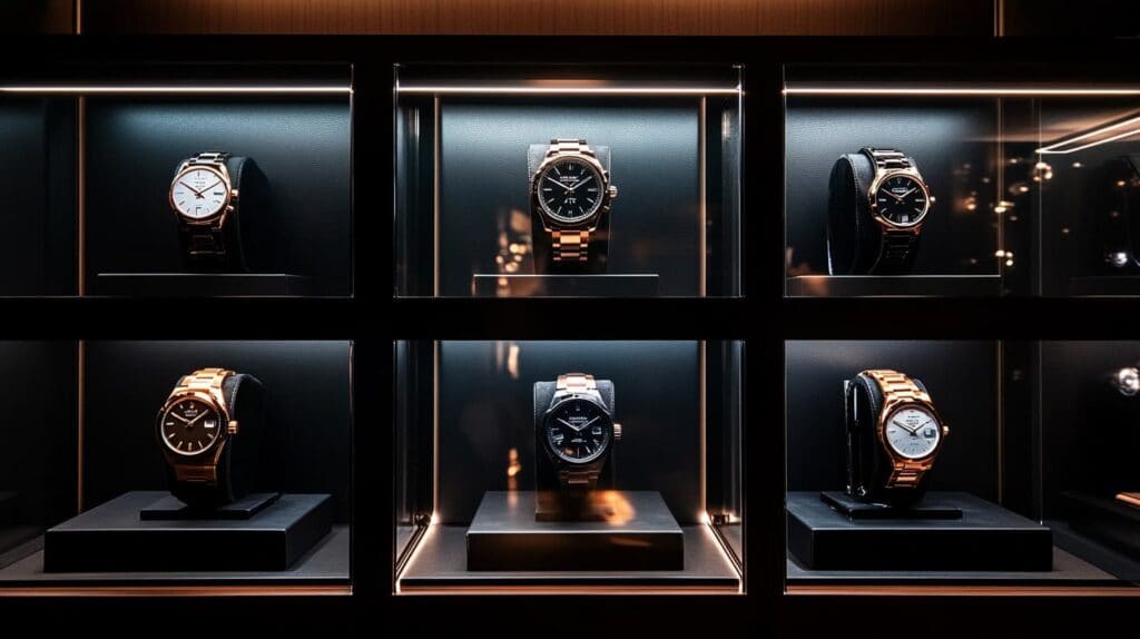 Close-up of a luxury watch display case featuring Japanese timepieces with elegant designs and metallic finishes.