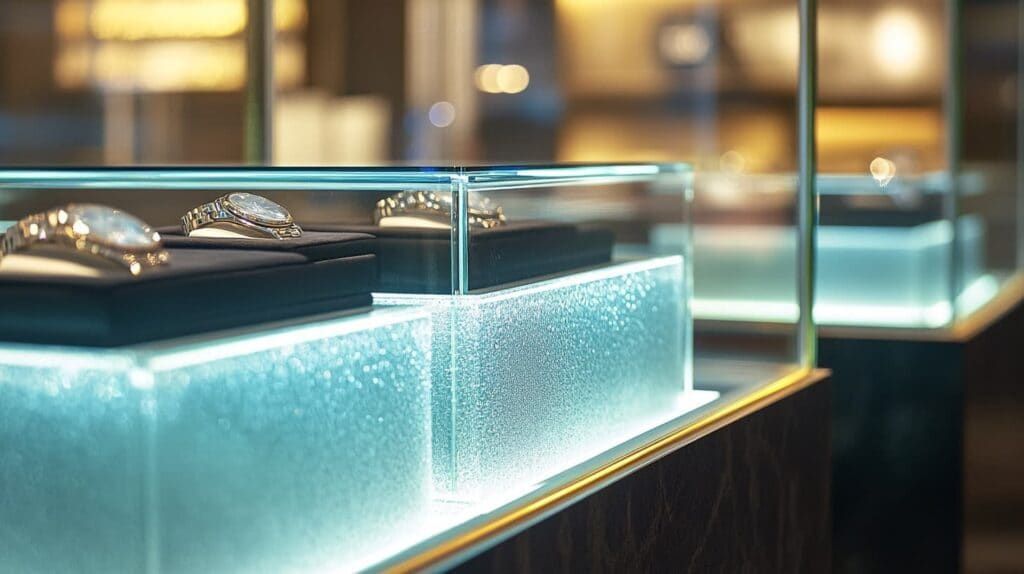 Close-up view of luxury watches in a glass display case with illuminated details highlighting the craftsmanship.