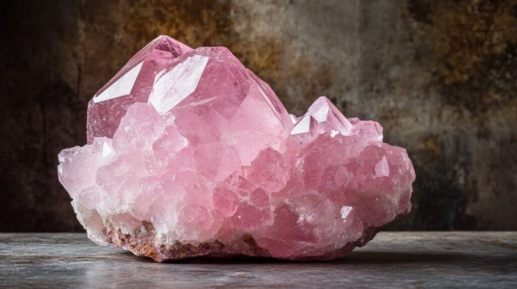 Raw rose quartz crystal cluster with vibrant pink hues, displayed against a textured background for a natural aesthetic.