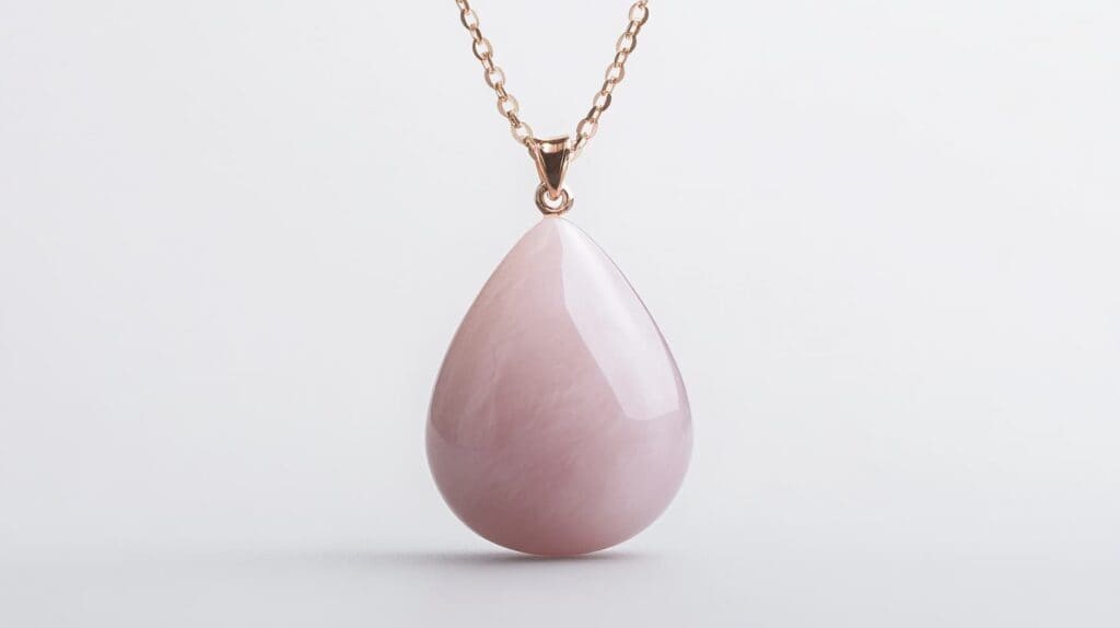Rose quartz teardrop pendant in a delicate rose gold chain, emphasizing the gemstone's soft pink hue and polished finish.