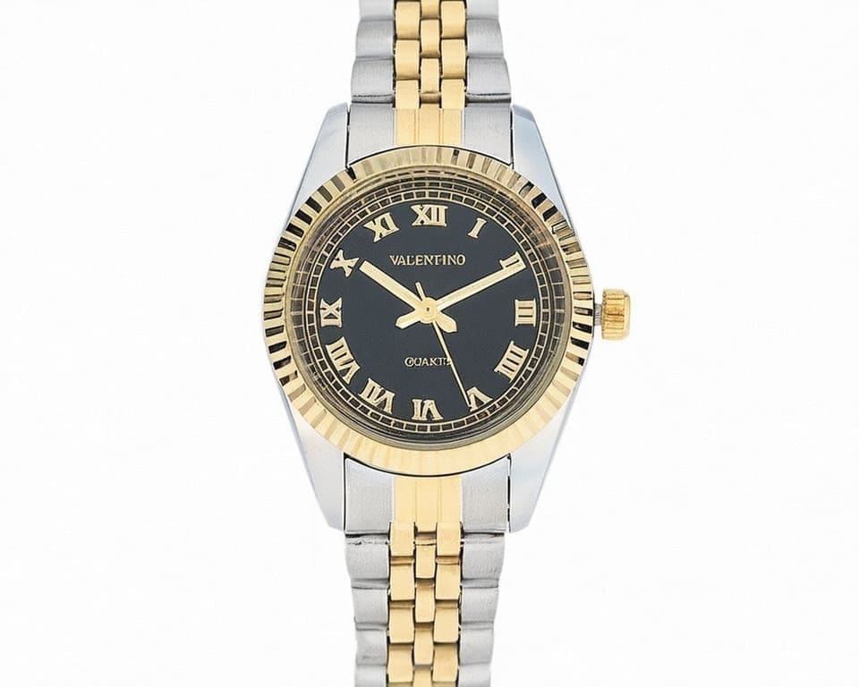 Valentino quartz watch with two-tone gold and silver bracelet, black dial with Roman numeral markers, and fluted bezel