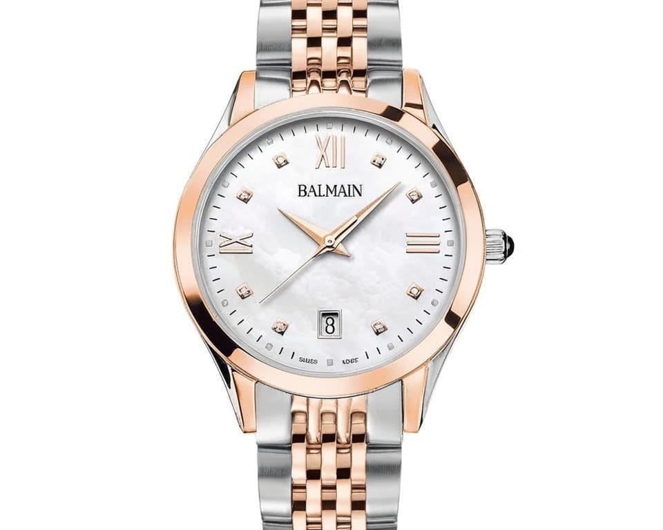 Balmain women's round watch with bicolor rose gold and stainless steel bracelet featuring mother of pearl dial with diamond hour markers and date window