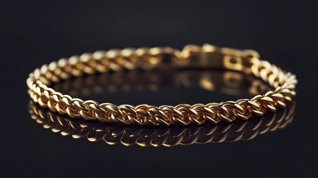 20K gold bracelet with a high-polish finish displayed on a reflective black surface, showcasing the premium craftsmanship and durability of 20-karat gold.