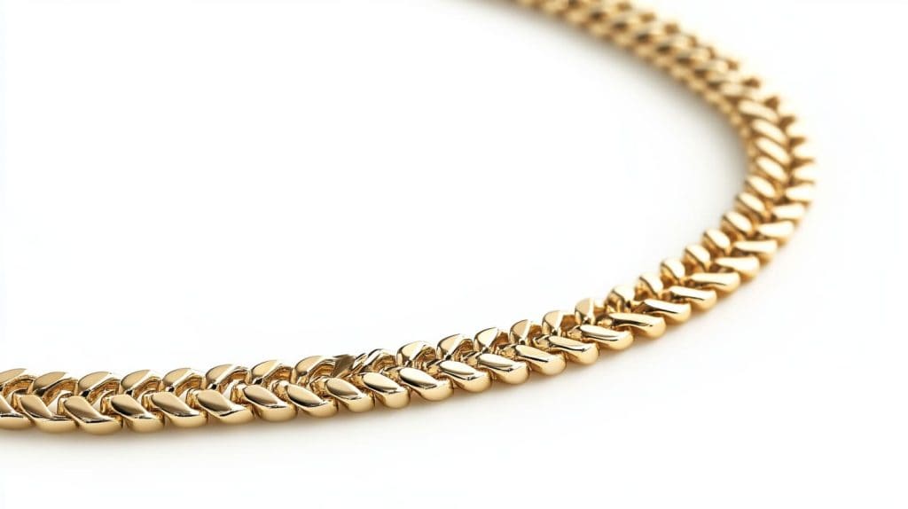 Close-up of a 20K gold chain necklace with intricate links, emphasizing the durability and rich yellow hue of 20-karat gold.