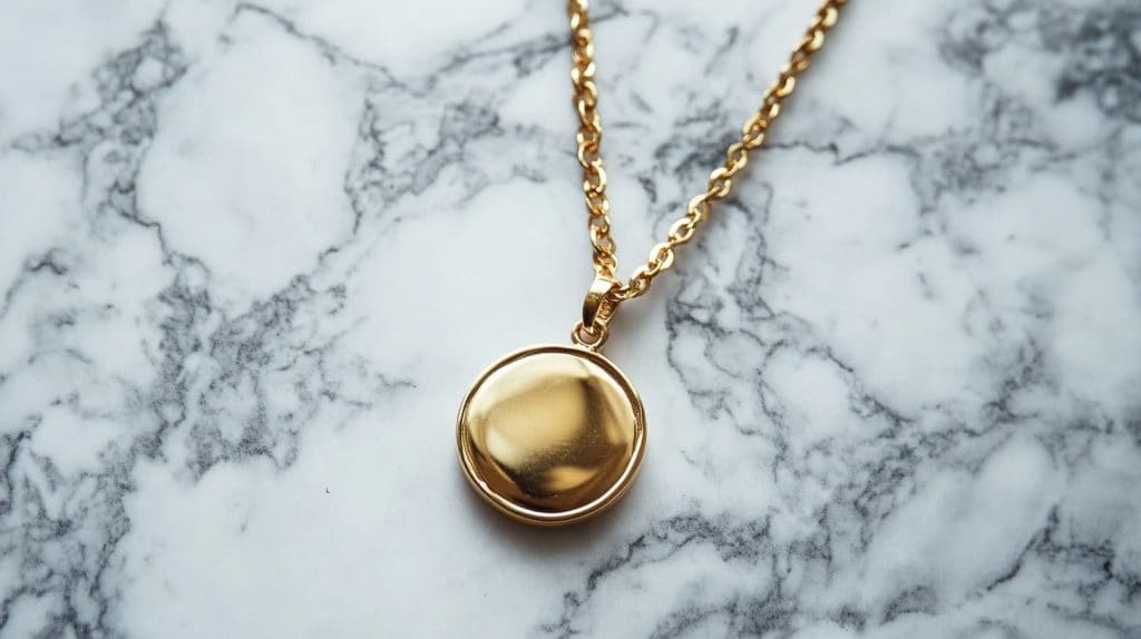 20K gold pendant necklace with a polished circular design resting on a white marble surface, highlighting its luxurious purity and elegance.