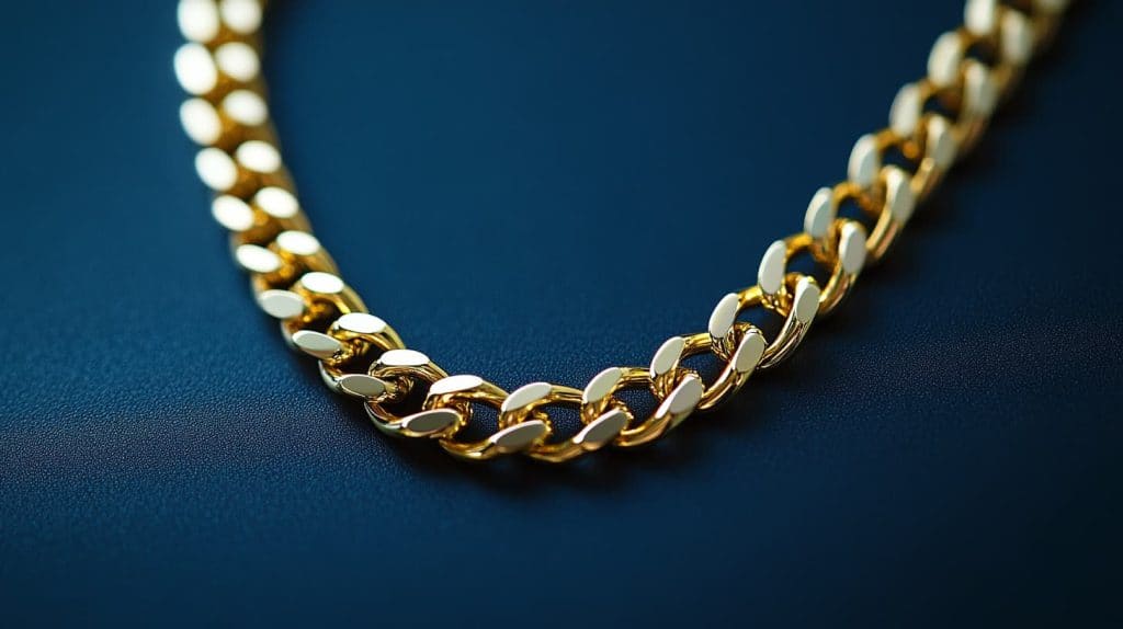 Detailed view of a 21K gold curb chain necklace with interlocking flat links, emphasizing its durability and elegant shine.