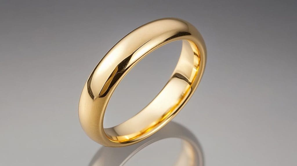 Simple and elegant 21K gold wedding band with a polished surface, reflecting timeless craftsmanship and purity.